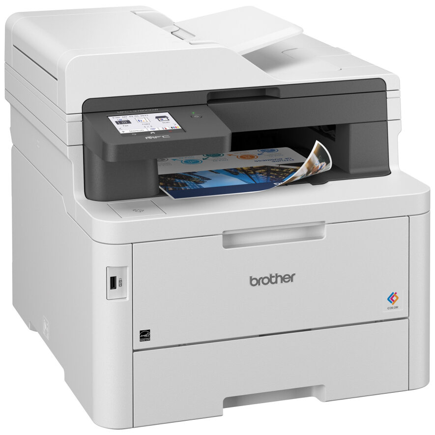 طابعة Brother MFC-L3780CDW من زاوية جانبية تظهر وحدة التغذية العلوية