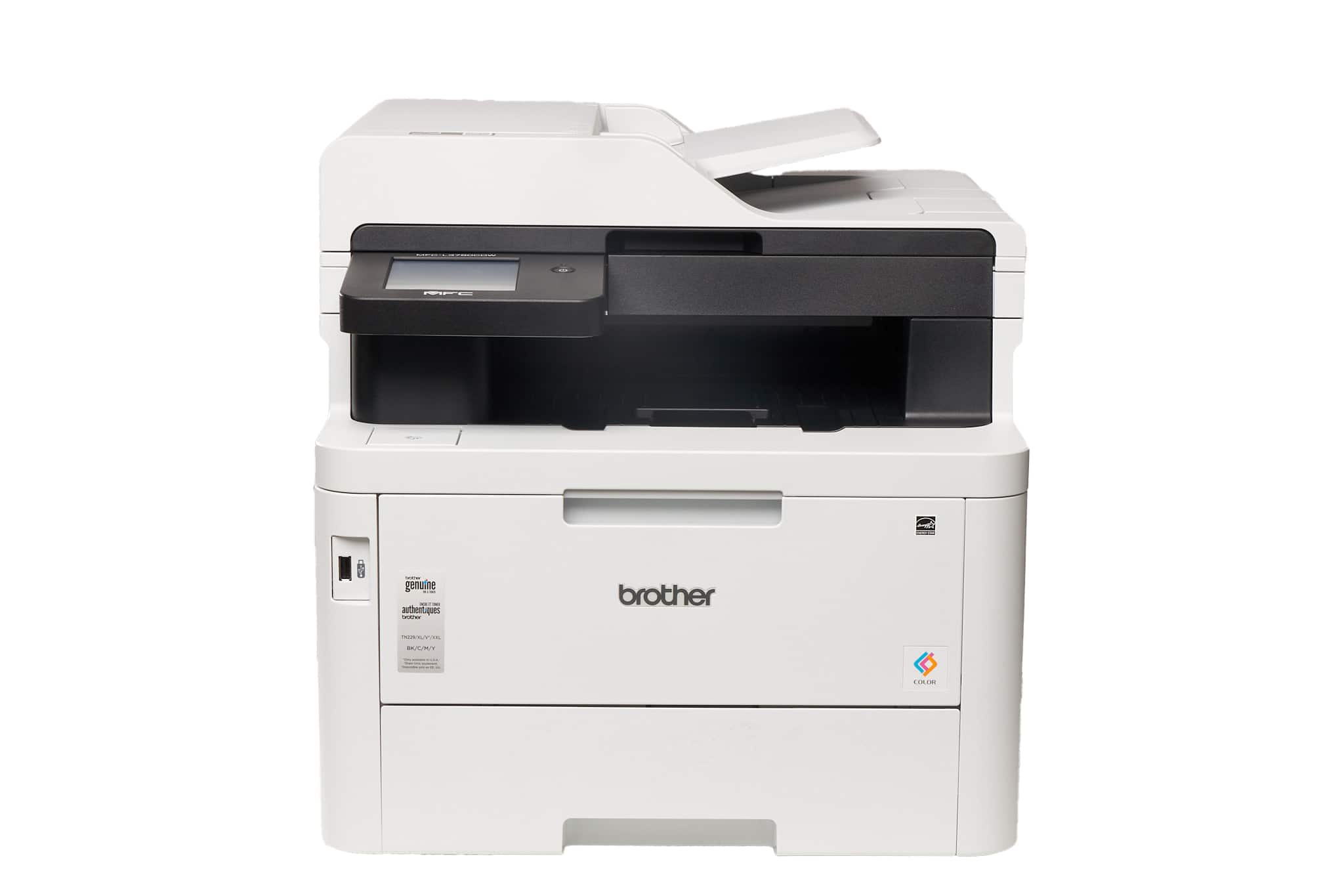 الواجهة الأمامية لطابعة Brother MFC-L3780CDW مع درج الإخراج وشاشة التحكم