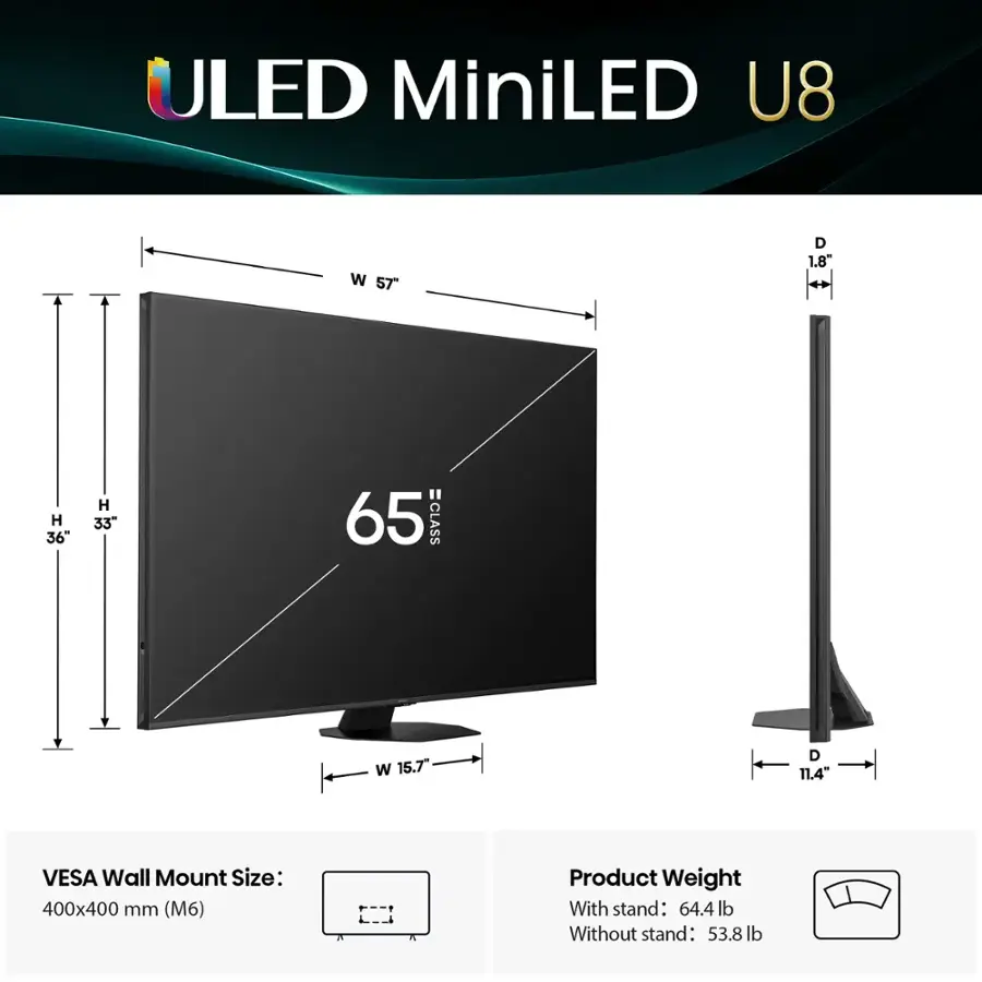 رسم أبعاد Hisense U8QG مقاس 65 بوصة مع القاعدة والوزن