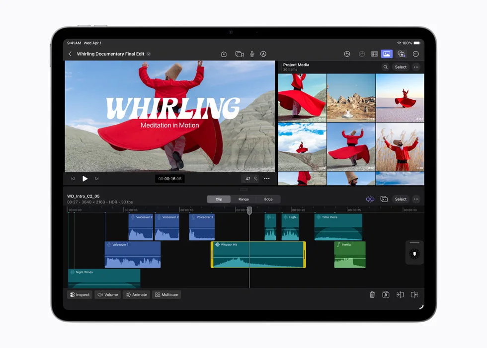 iPad Air M4 يستخدم Final Cut Pro مع Apple Pencil على شاشة كبيرة