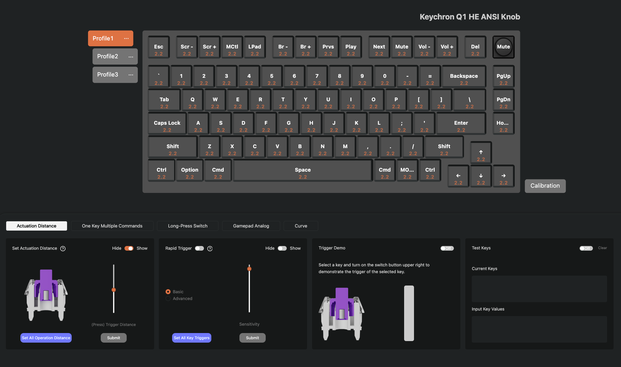 واجهة Keychron Launcher لضبط نقطة تفعيل مفاتيح Keychron Q1 HE