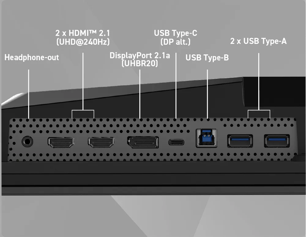 منافذ MSI MPG 272URX QD-OLED وتشمل HDMI وDisplayPort وUSB-C وUSB-A