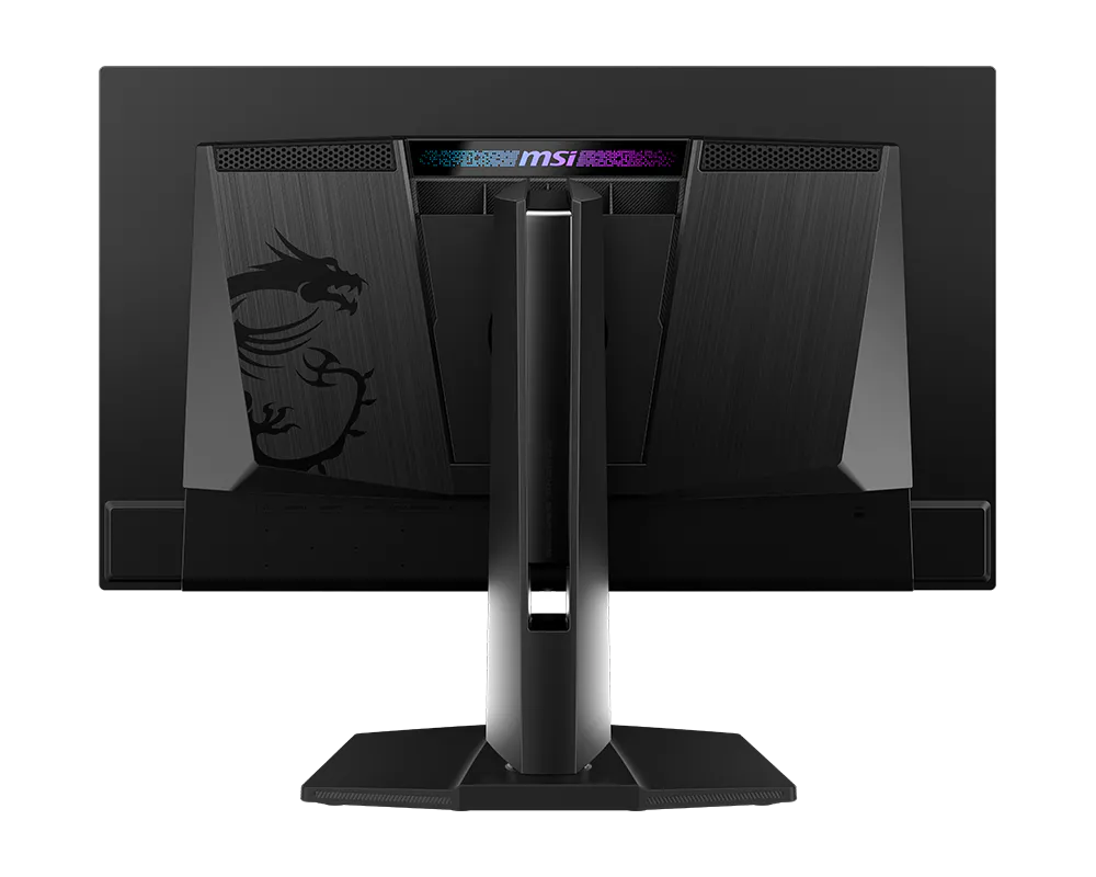 الجهة الخلفية لشاشة MSI MPG 272URX QD-OLED مع الحامل ومناطق التهوية