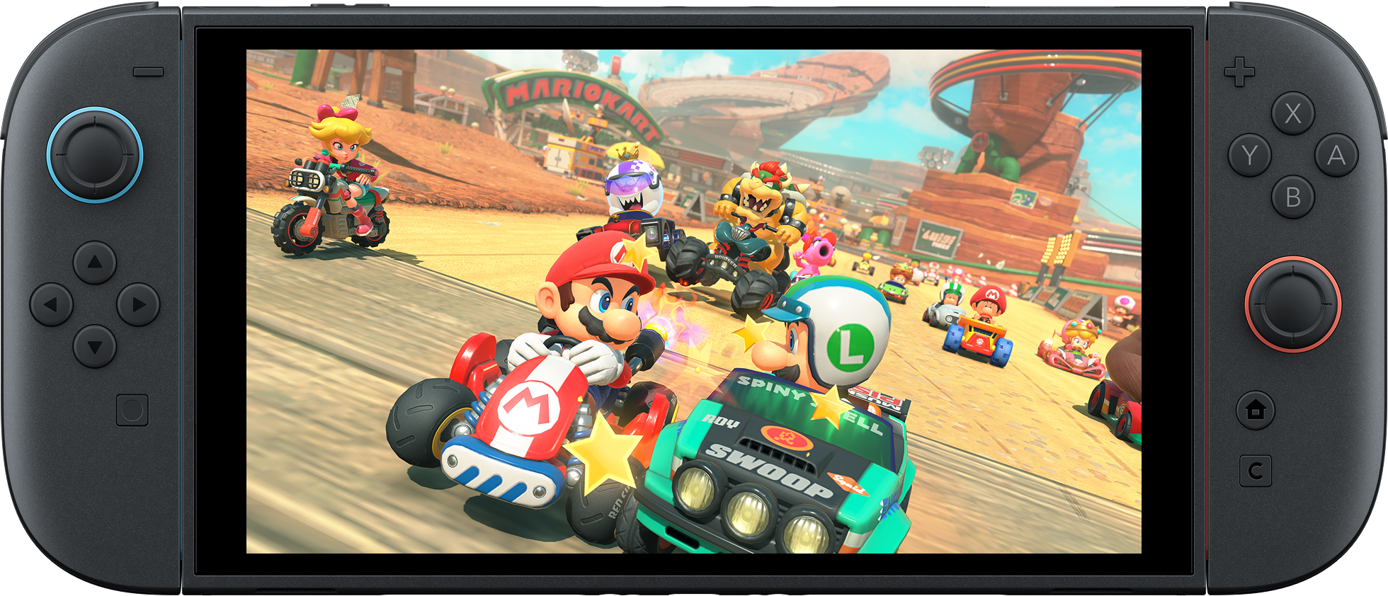 Nintendo Switch 2 في الوضع المحمول مع لعبة Mario Kart World على الشاشة