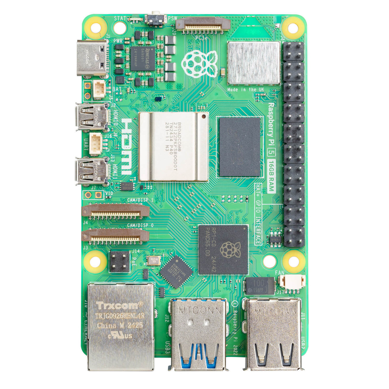 منظر علوي للوحة Raspberry Pi 5 16GB يوضح مواضع المعالج والذاكرة والمنافذ