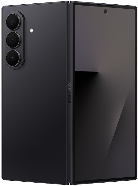 صورة لهاتف Samsung Galaxy Z Fold7 باللون الأسود مع الكاميرات الثلاثية والشاشة الداخلية