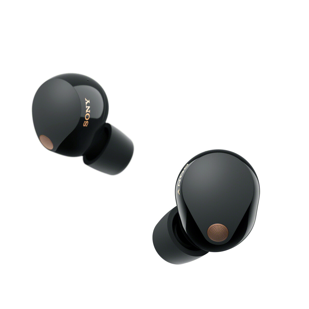 سماعات Sony WF-1000XM5 السوداء توضح الشكل اللامع وسطح اللمس